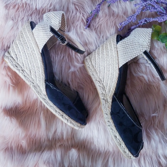 Coach Black Wedge Ankle Strap Peep Toe Espadrilles - Picture 2 of 8